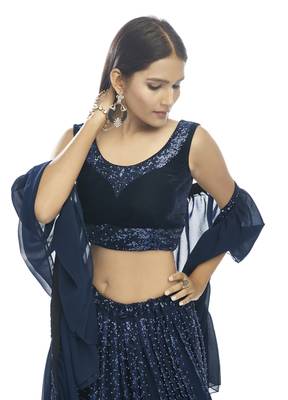 Seductive Navy-blue sequins embroidered velvet semi stitched ghagra choli 6