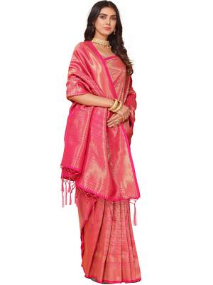 Leeza Store Women's Pink Cotton Silk Blend Latest Kanjivaram Kanchipuram Golden Zari Woven Design Banarasi Saree 1