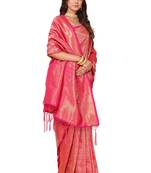 Leeza Store Women's Pink Cotton Silk Blend Latest Kanjivaram Kanchipuram Golden Zari Woven Design Banarasi Saree