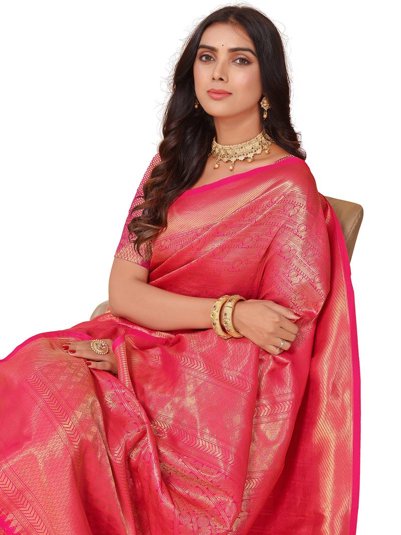 Leeza Store Women's Pink Cotton Silk Blend Latest Kanjivaram Kanchipuram Golden Zari Woven Design Banarasi Saree