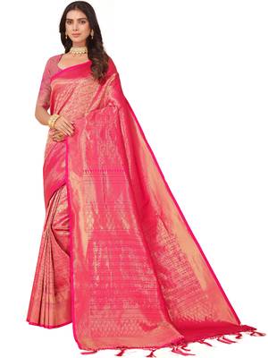 Leeza Store Women's Pink Cotton Silk Blend Latest Kanjivaram Kanchipuram Golden Zari Woven Design Banarasi Saree 3