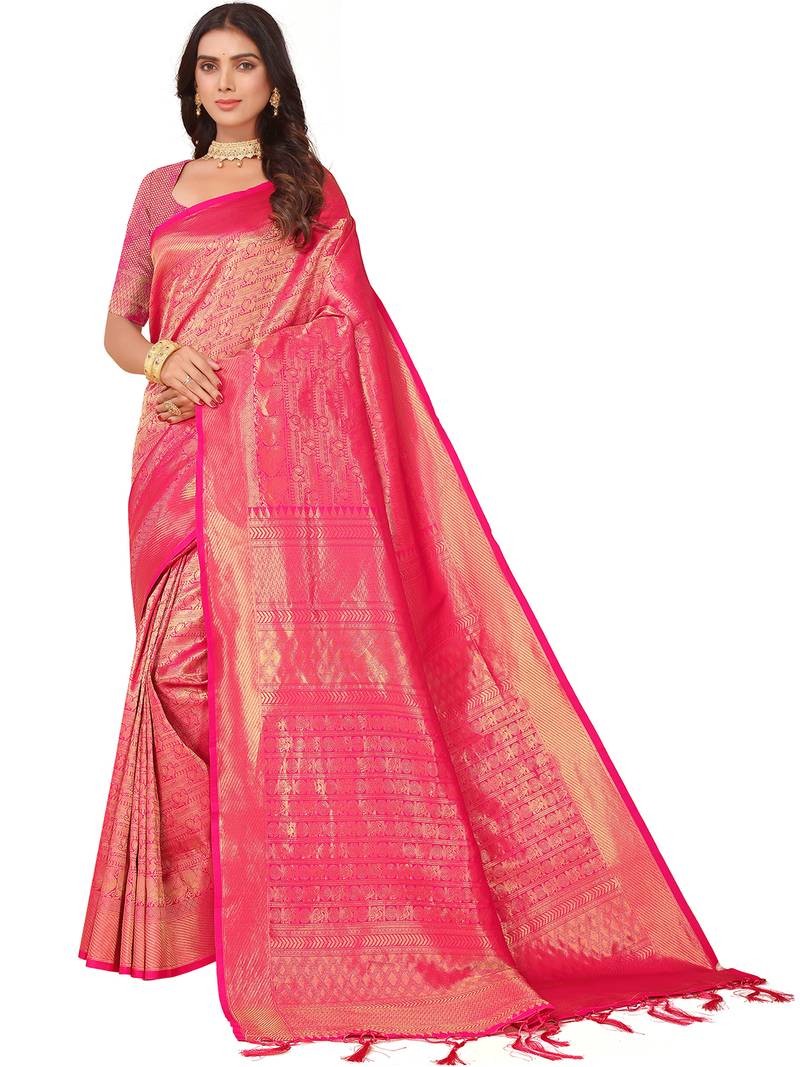 Leeza Store Women's Pink Cotton Silk Blend Latest Kanjivaram Kanchipuram Golden Zari Woven Design Banarasi Saree