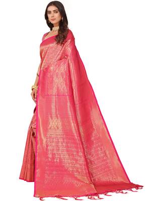 Leeza Store Women's Pink Cotton Silk Blend Latest Kanjivaram Kanchipuram Golden Zari Woven Design Banarasi Saree 4