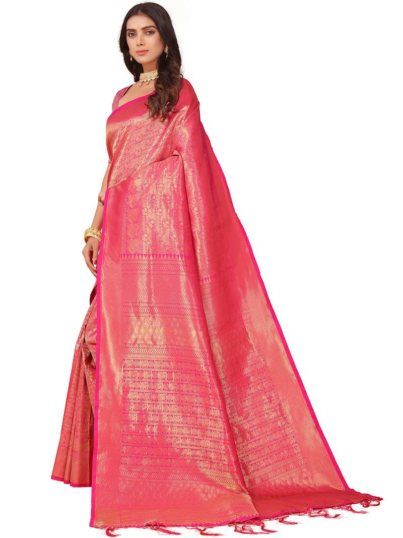 Leeza Store Women's Pink Cotton Silk Blend Latest Kanjivaram Kanchipuram Golden Zari Woven Design Banarasi Saree