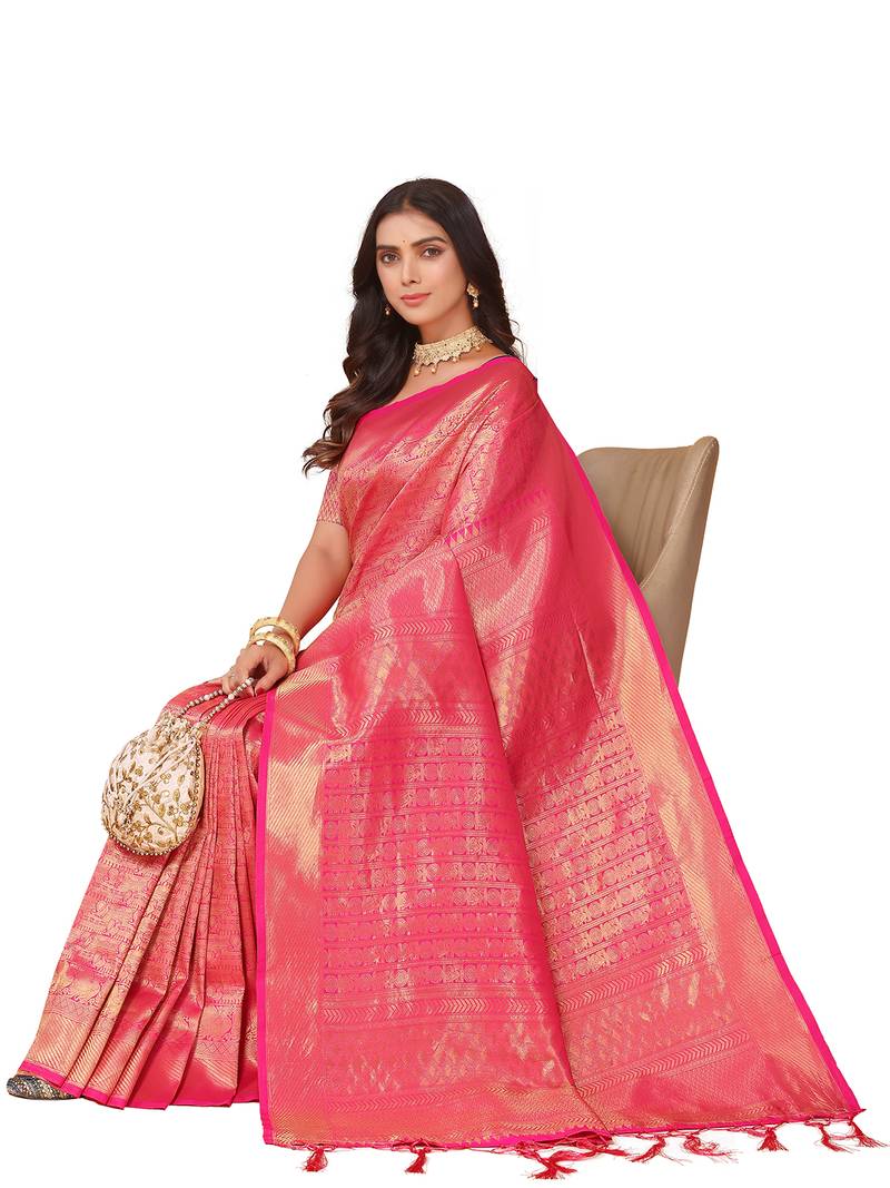 Leeza Store Women's Pink Cotton Silk Blend Latest Kanjivaram Kanchipuram Golden Zari Woven Design Banarasi Saree