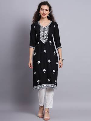 Black Colour Lukhnowi Work Long Kurti For Traditional Looks 1