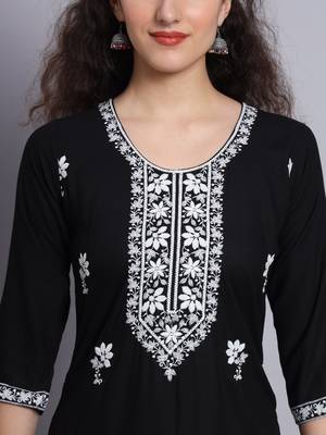 Black Colour Lukhnowi Work Long Kurti For Traditional Looks 2