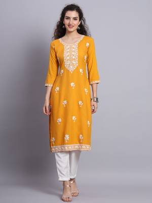 Yellow Colour Lukhnowi Work Long Kurti For Traditional Looks 1