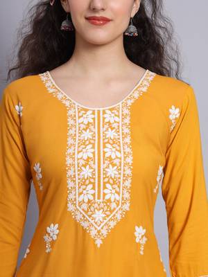 Yellow Colour Lukhnowi Work Long Kurti For Traditional Looks 2