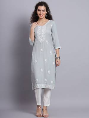 Gray Colour Lukhnowi Work Long Kurti For Traditional Looks 1