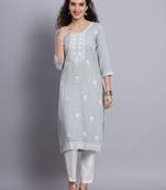 Gray Colour Lukhnowi Work Long Kurti For Traditional Looks