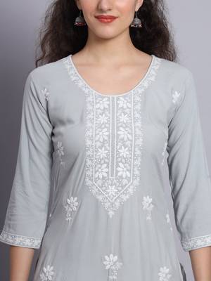 Gray Colour Lukhnowi Work Long Kurti For Traditional Looks 2