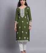 Green Colour Lukhnowi Work Long Kurti For Traditional Looks