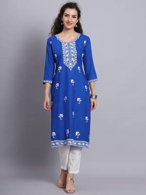 Blue Colour Lukhnowi Work Long Kurti For Traditional Looks 1