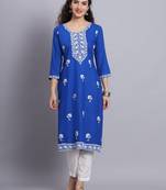Blue Colour Lukhnowi Work Long Kurti For Traditional Looks