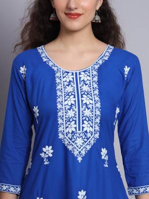 Blue Colour Lukhnowi Work Long Kurti For Traditional Looks 2