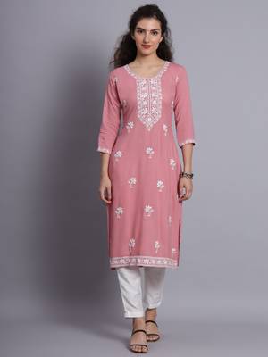 Pink Colour Lukhnowi Work Long Kurti For Traditional Looks 1