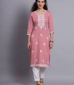 Pink Colour Lukhnowi Work Long Kurti For Traditional Looks