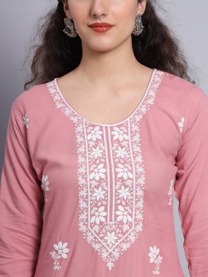 Pink Colour Lukhnowi Work Long Kurti For Traditional Looks 2