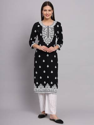 Black Colour Ethnic Lukhnowi Work Girlish Kurti For Festive Looks 1