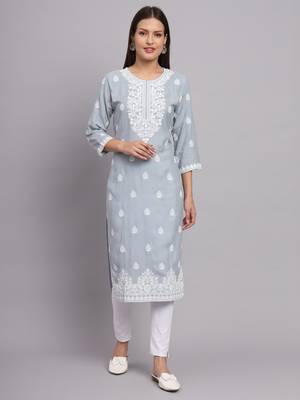 Gray Colour Ethnic Lukhnowi Work Girlish Kurti For Festive Looks 1