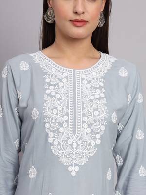 Gray Colour Ethnic Lukhnowi Work Girlish Kurti For Festive Looks 2