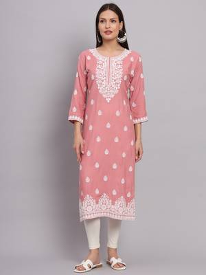 Pink Colour Ethnic Lukhnowi Work Girlish Kurti For Festive Looks 1