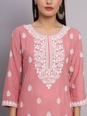 Pink Colour Ethnic Lukhnowi Work Girlish Kurti For Festive Looks 2