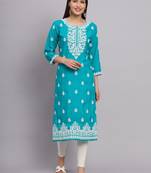 Sky Blue Colour Ethnic Lukhnowi Work Girlish Kurti For Festive Looks