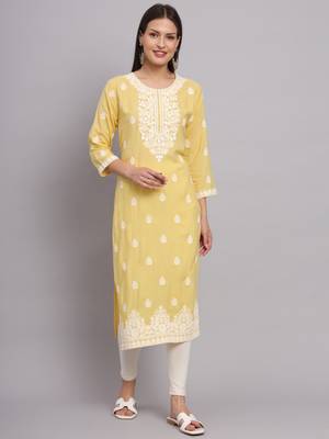 Yellow Colour Ethnic Lukhnowi Work Girlish Kurti For Festive Looks 1