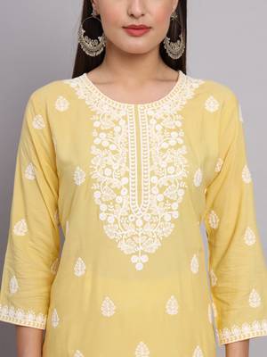 Yellow Colour Ethnic Lukhnowi Work Girlish Kurti For Festive Looks 2