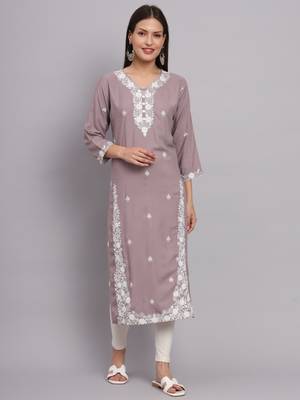 Traditional Lukhnowi Work Grey Colour Ethnic Long Kurti 1