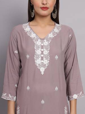 Traditional Lukhnowi Work Grey Colour Ethnic Long Kurti 2