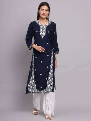 Traditional Lukhnowi Work Blue Colour Ethnic Long Kurti 1