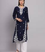 Traditional Lukhnowi Work Blue Colour Ethnic Long Kurti