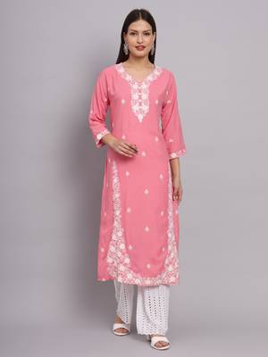 Traditional Lukhnowi Work Pink Colour Ethnic Long Kurti 1