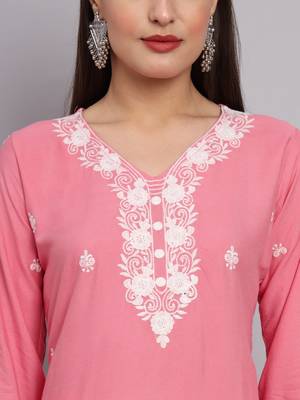 Traditional Lukhnowi Work Pink Colour Ethnic Long Kurti 2