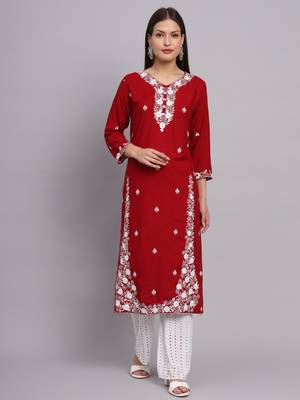 Traditional Lukhnowi Work Red Colour Ethnic Long Kurti 1