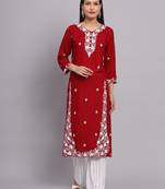 Traditional Lukhnowi Work Red Colour Ethnic Long Kurti
