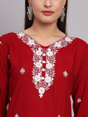 Traditional Lukhnowi Work Red Colour Ethnic Long Kurti 2