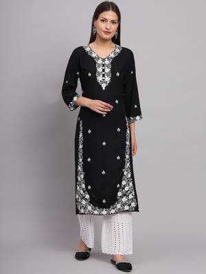 Traditional Lukhnowi Work Black Colour Ethnic Long Kurti 1