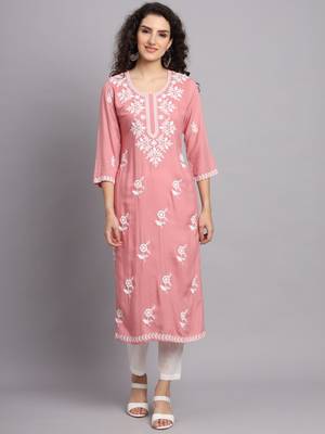 Pink Colour Ethnic Luknowi Chikankari Work Kurti 1