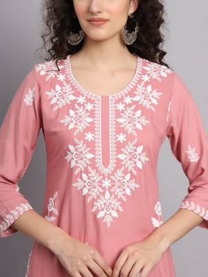 Pink Colour Ethnic Luknowi Chikankari Work Kurti 2
