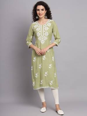 Green Colour Ethnic Luknowi Chikankari Work Kurti 1