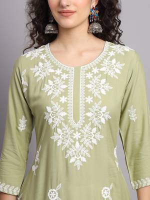 Green Colour Ethnic Luknowi Chikankari Work Kurti 2