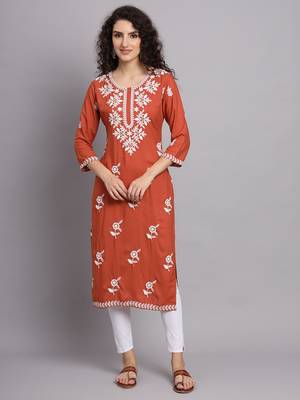 Red Colour Ethnic Luknowi Chikankari Work Kurti 1