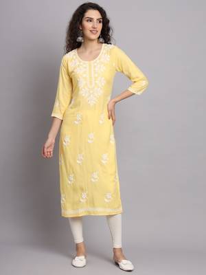 Yellow Colour Ethnic Luknowi Chikankari Work Kurti 1