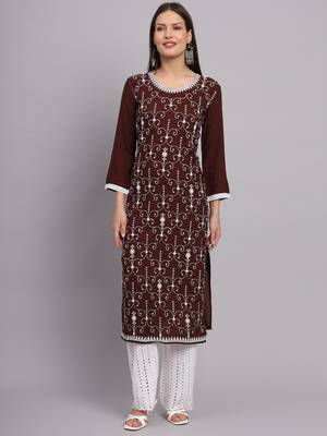Brown Colour Ethnic Lukhnowi Chikankari Work Girlish Kurti Collection 1