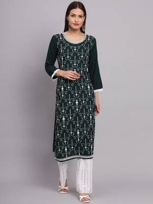 Green Colour Ethnic Lukhnowi Chikankari Work Girlish Kurti Collection 1