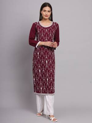 Maroon Colour Ethnic Lukhnowi Chikankari Work Girlish Kurti Collection 1